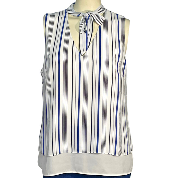 WHBM Sz M Tie Bow Neckline Sleeveless Shell Top Layered Chiffon Blue Stripes - Picture 1 of 7